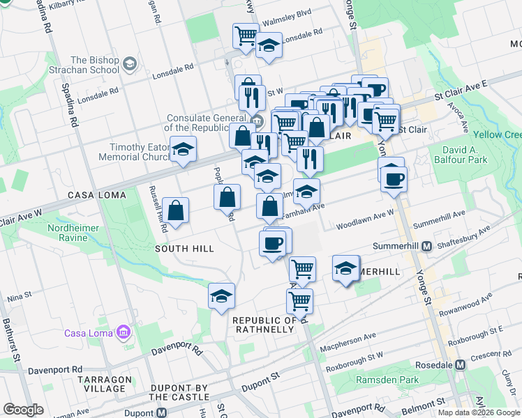 map of restaurants, bars, coffee shops, grocery stores, and more near 169 Balmoral Avenue in Toronto