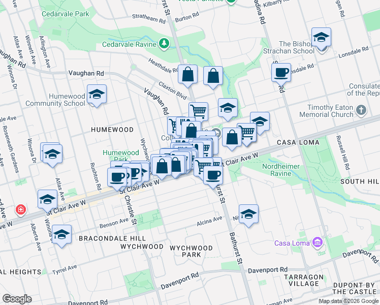 map of restaurants, bars, coffee shops, grocery stores, and more near 32 Raglan Avenue in Toronto