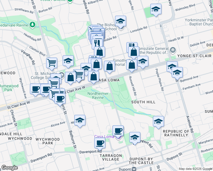 map of restaurants, bars, coffee shops, grocery stores, and more near 336 Spadina Road in Toronto