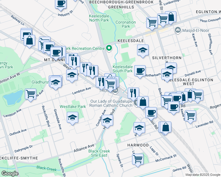 map of restaurants, bars, coffee shops, grocery stores, and more near 935 Weston Road in Toronto