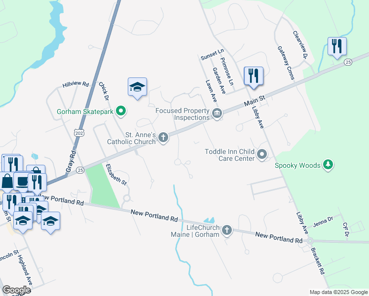 map of restaurants, bars, coffee shops, grocery stores, and more near 12 Cumberland Lane in Gorham