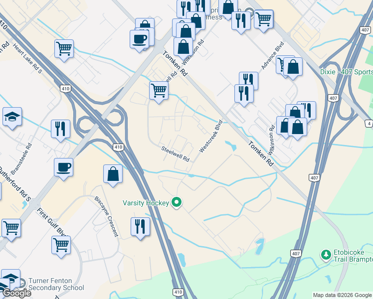 map of restaurants, bars, coffee shops, grocery stores, and more near 21 Steelwell Road in Brampton