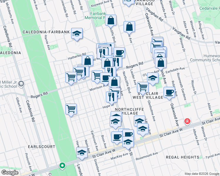 map of restaurants, bars, coffee shops, grocery stores, and more near 1962 Dufferin Street in Toronto