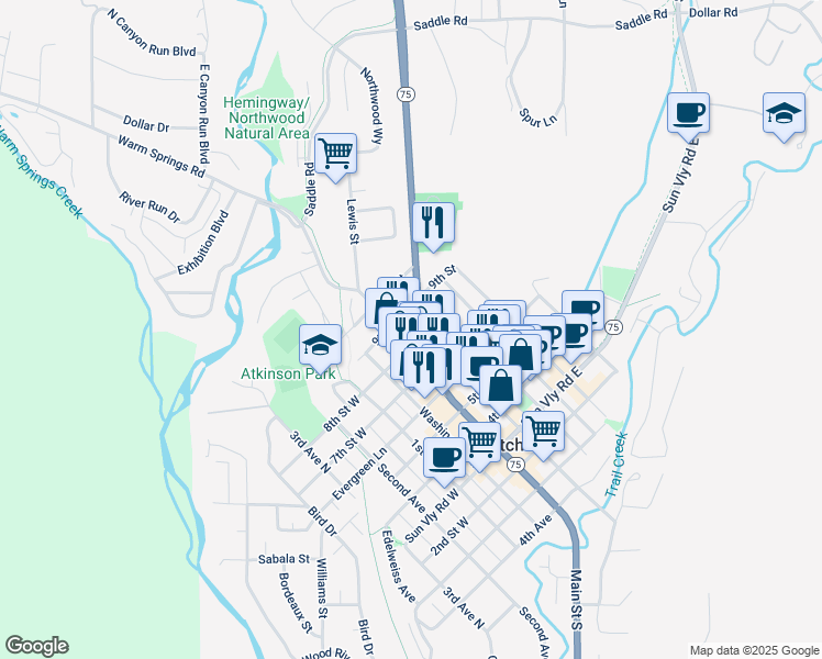 map of restaurants, bars, coffee shops, grocery stores, and more near 931 North Main Street in Sun Valley