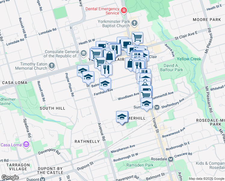map of restaurants, bars, coffee shops, grocery stores, and more near 76 Farnham Avenue in Toronto