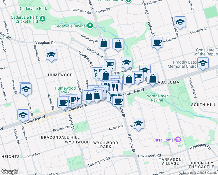 map of restaurants, bars, coffee shops, grocery stores, and more near in Toronto