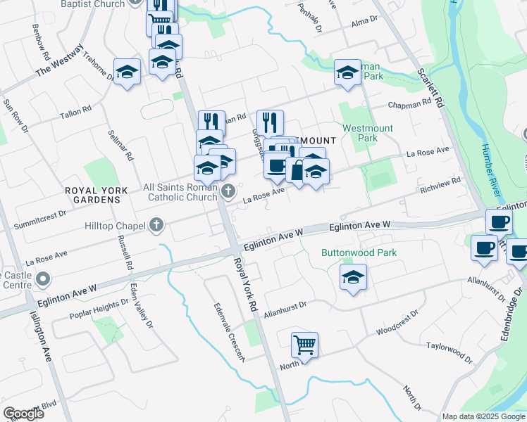 map of restaurants, bars, coffee shops, grocery stores, and more near in Toronto