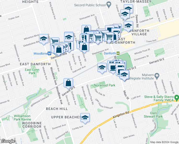 map of restaurants, bars, coffee shops, grocery stores, and more near 9 Glenn Morrow Mews in Toronto