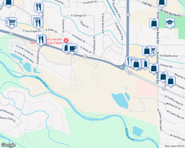 map of restaurants, bars, coffee shops, grocery stores, and more near 2411 East Riverside Drive in Eagle