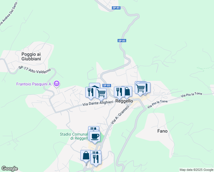 map of restaurants, bars, coffee shops, grocery stores, and more near SP 85 di Vallombrosa in Reggello