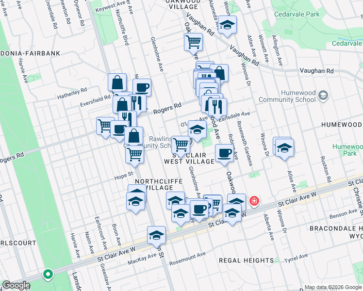 map of restaurants, bars, coffee shops, grocery stores, and more near 260 Glenholme Avenue in Toronto