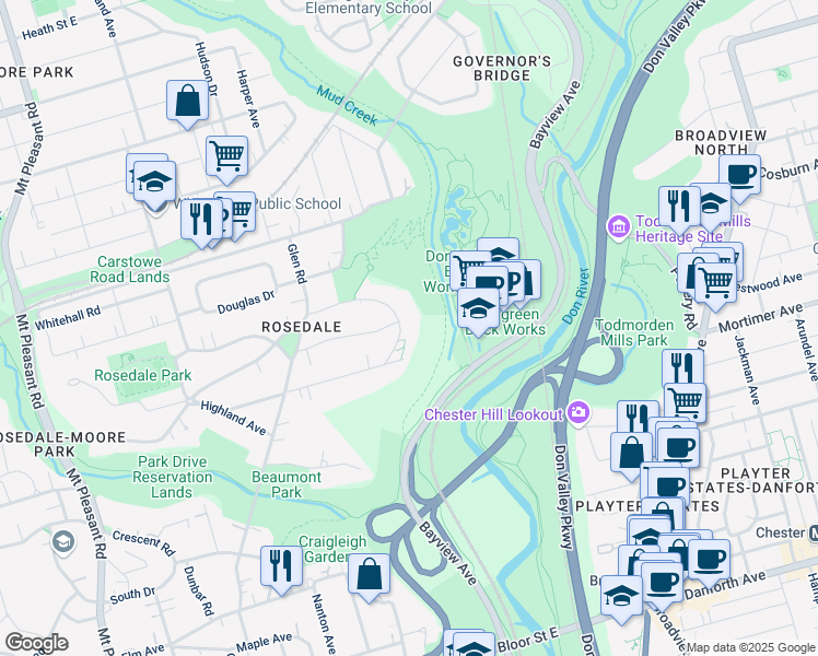 map of restaurants, bars, coffee shops, grocery stores, and more near 206 Roxborough Drive in Toronto