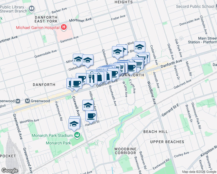 map of restaurants, bars, coffee shops, grocery stores, and more near 126 Roseheath Avenue in Toronto