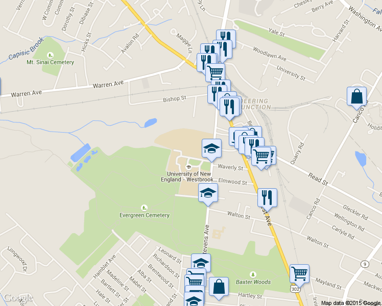 map of restaurants, bars, coffee shops, grocery stores, and more near 37 College Street in Portland