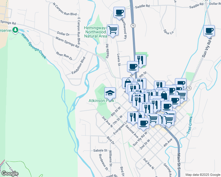 map of restaurants, bars, coffee shops, grocery stores, and more near 224 Pinewood Lane in Ketchum