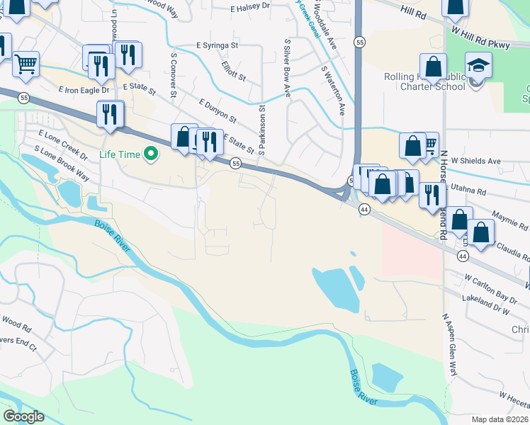 map of restaurants, bars, coffee shops, grocery stores, and more near 2411 East Riverside Drive in Eagle