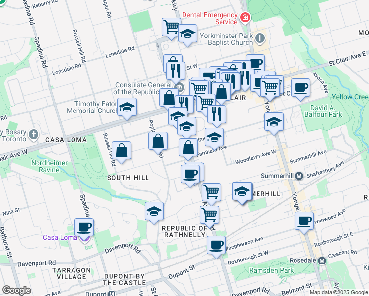 map of restaurants, bars, coffee shops, grocery stores, and more near 440 Avenue Road in Toronto