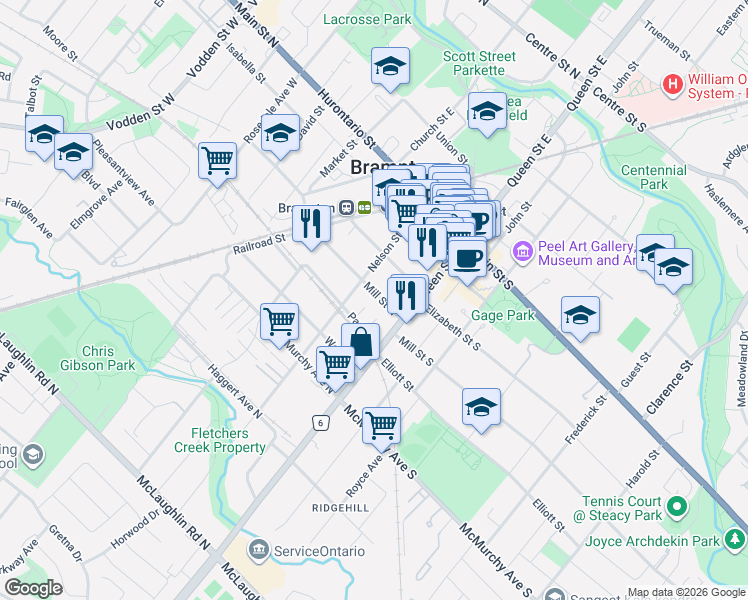 map of restaurants, bars, coffee shops, grocery stores, and more near 19 Mill Street North in Brampton