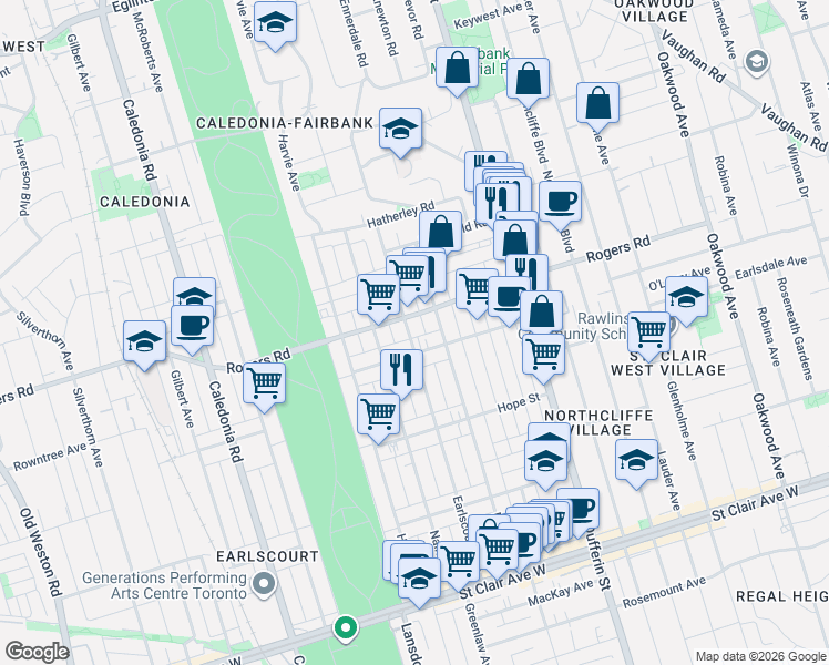 map of restaurants, bars, coffee shops, grocery stores, and more near 219 Earlscourt Avenue in Toronto