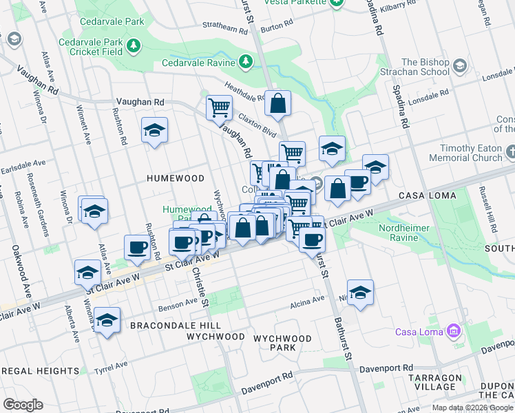 map of restaurants, bars, coffee shops, grocery stores, and more near 114 Vaughan Road in Toronto
