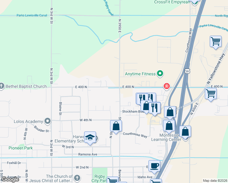 map of restaurants, bars, coffee shops, grocery stores, and more near 3940 East 400 North in Rigby