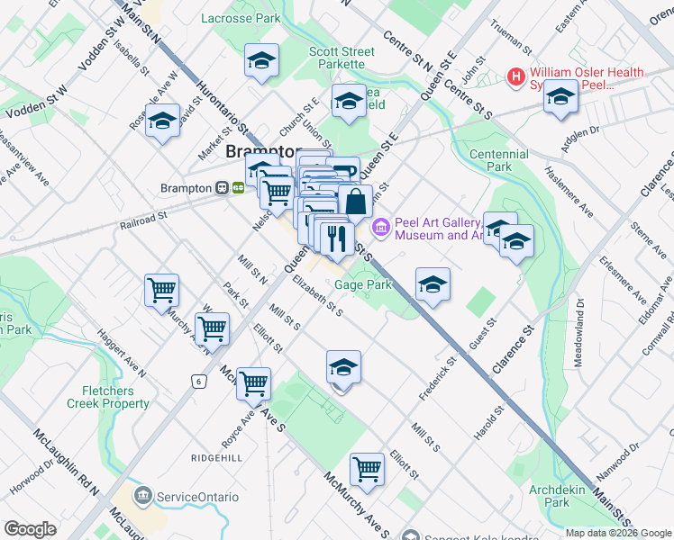 map of restaurants, bars, coffee shops, grocery stores, and more near 93 George Street South in Brampton