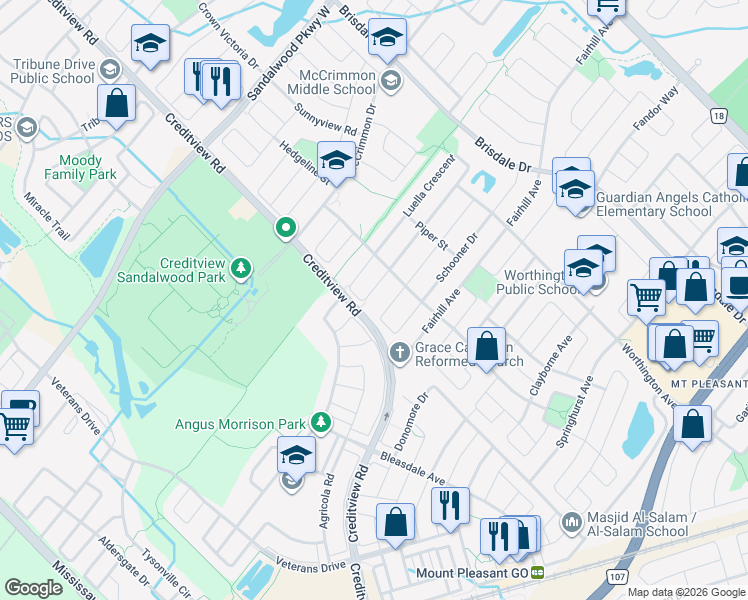 map of restaurants, bars, coffee shops, grocery stores, and more near 15 Travis Crescent in Brampton