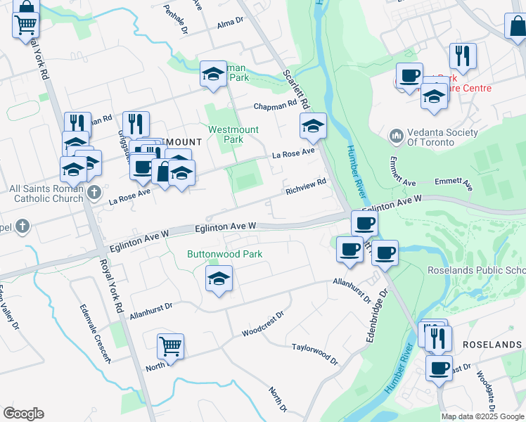 map of restaurants, bars, coffee shops, grocery stores, and more near 61 Richview Road in Toronto