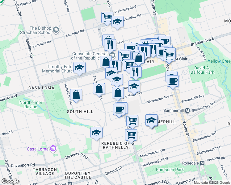 map of restaurants, bars, coffee shops, grocery stores, and more near 440 Avenue Road in Toronto