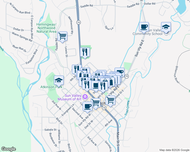 map of restaurants, bars, coffee shops, grocery stores, and more near 601-699 Walnut Ave in Sun Valley