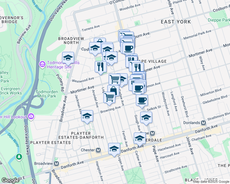 map of restaurants, bars, coffee shops, grocery stores, and more near 6 Dilworth Crescent in Toronto