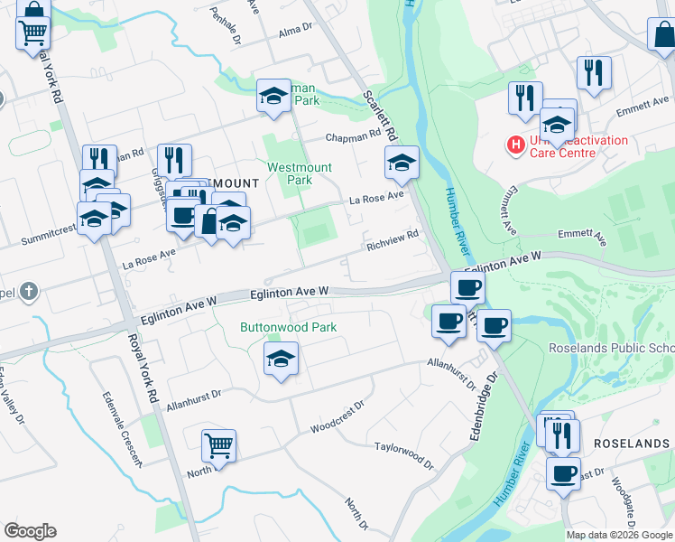 map of restaurants, bars, coffee shops, grocery stores, and more near in Toronto