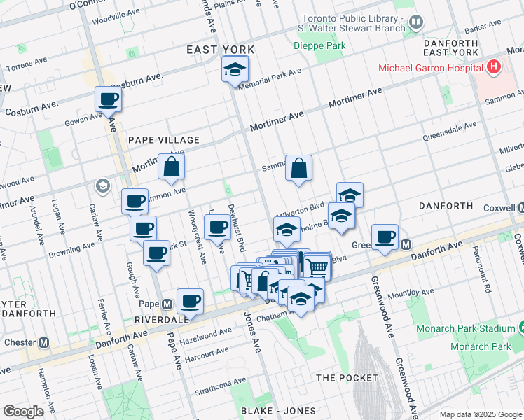 map of restaurants, bars, coffee shops, grocery stores, and more near 116 Donlands Avenue in Toronto