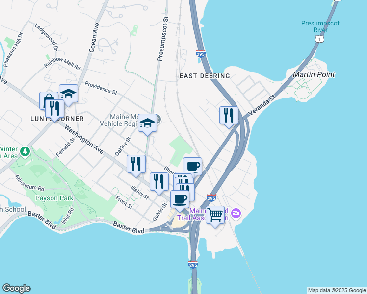 map of restaurants, bars, coffee shops, grocery stores, and more near 50 Hodgins Street in Portland