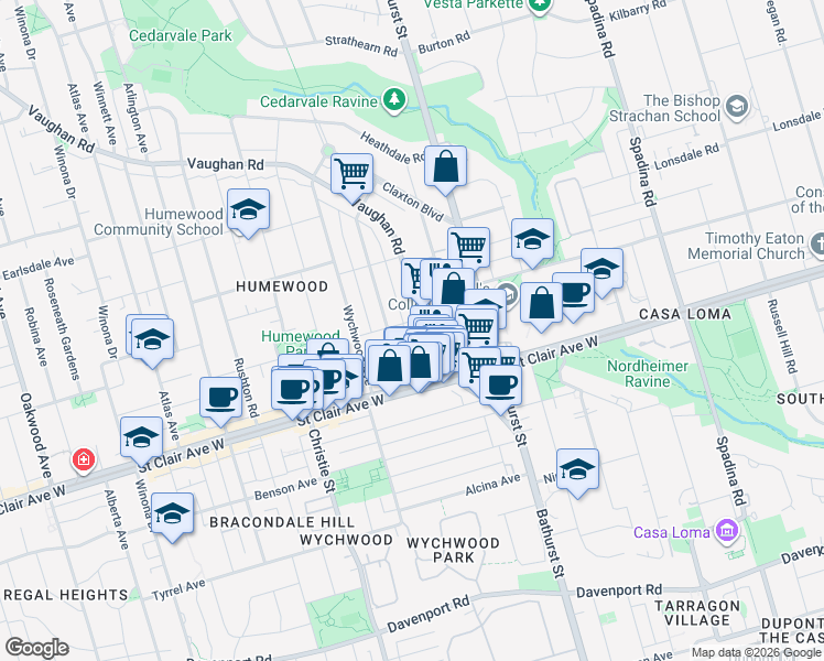 map of restaurants, bars, coffee shops, grocery stores, and more near in Toronto
