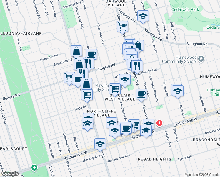 map of restaurants, bars, coffee shops, grocery stores, and more near in Toronto