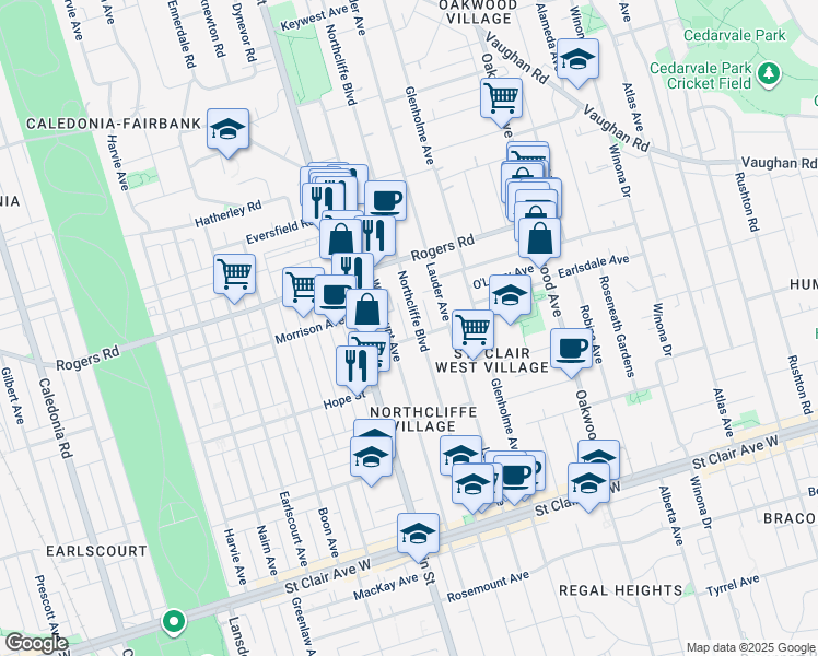 map of restaurants, bars, coffee shops, grocery stores, and more near in Toronto