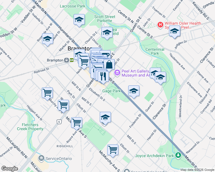 map of restaurants, bars, coffee shops, grocery stores, and more near 35 Gilford Street in Brampton