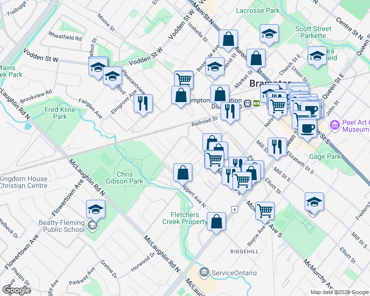 map of restaurants, bars, coffee shops, grocery stores, and more near in Brampton