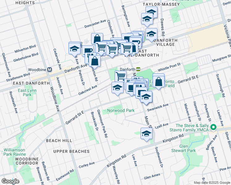 map of restaurants, bars, coffee shops, grocery stores, and more near 36 Norwood Road in Toronto