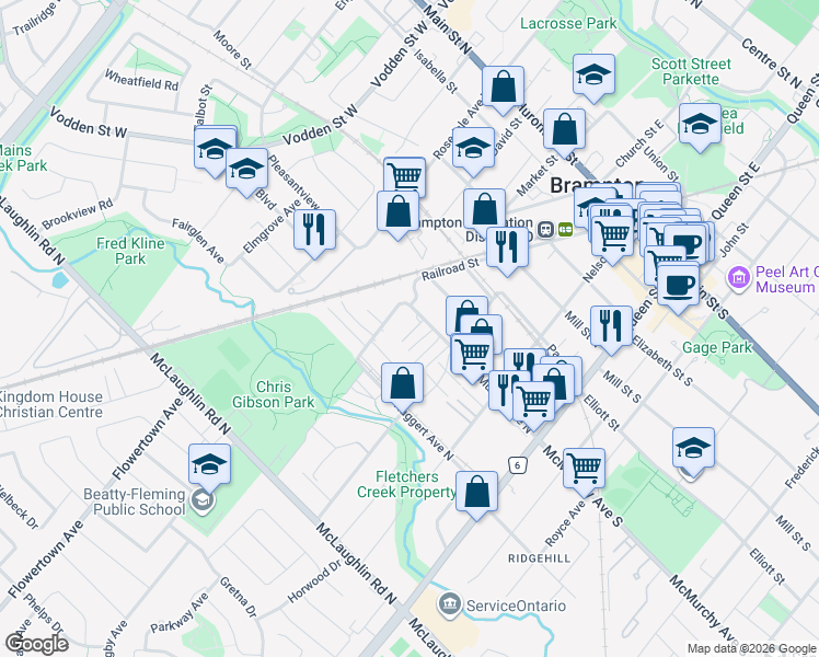 map of restaurants, bars, coffee shops, grocery stores, and more near 53 McMurchy Avenue North in Brampton