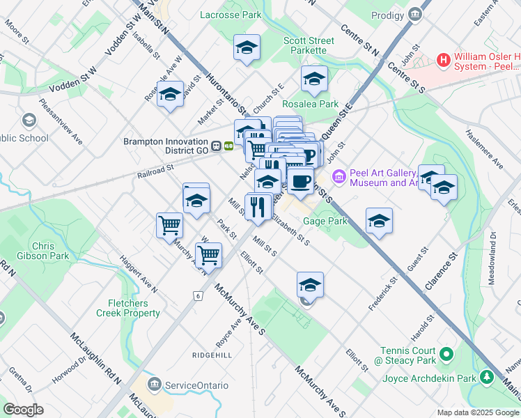 map of restaurants, bars, coffee shops, grocery stores, and more near 100 Queen Street West in Brampton