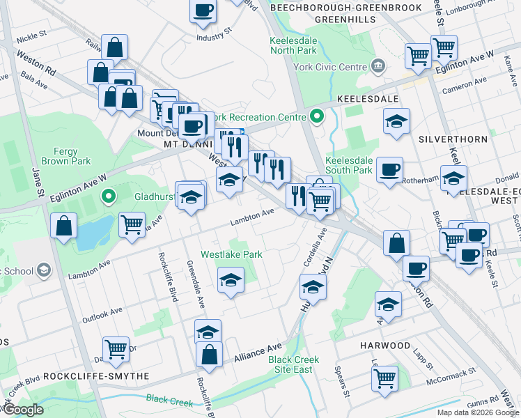 map of restaurants, bars, coffee shops, grocery stores, and more near 10 Lambton Avenue in Toronto
