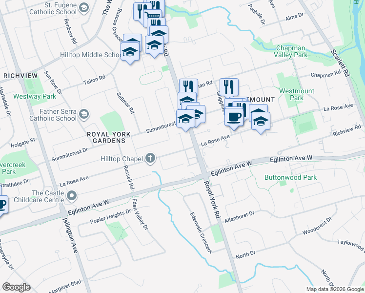 map of restaurants, bars, coffee shops, grocery stores, and more near 208 La Rose Avenue in Toronto