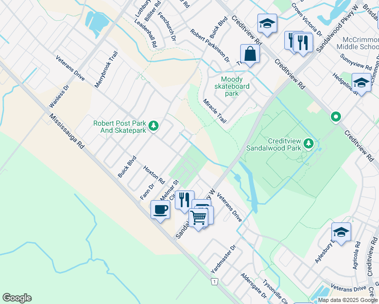 map of restaurants, bars, coffee shops, grocery stores, and more near 51 Summer Wind Lane in Brampton