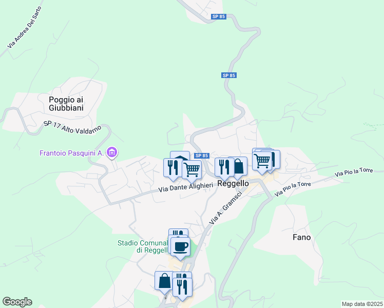 map of restaurants, bars, coffee shops, grocery stores, and more near SP 85 di Vallombrosa in Reggello
