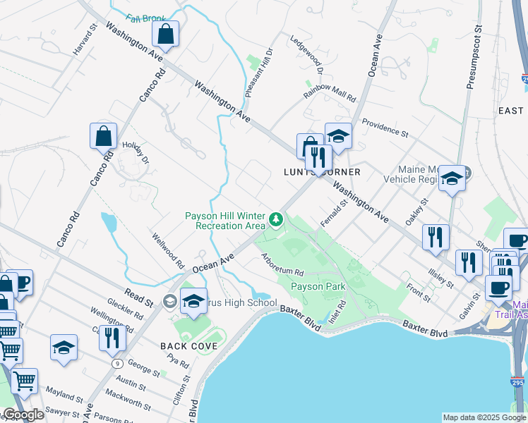 map of restaurants, bars, coffee shops, grocery stores, and more near 18 Victor Road in Portland