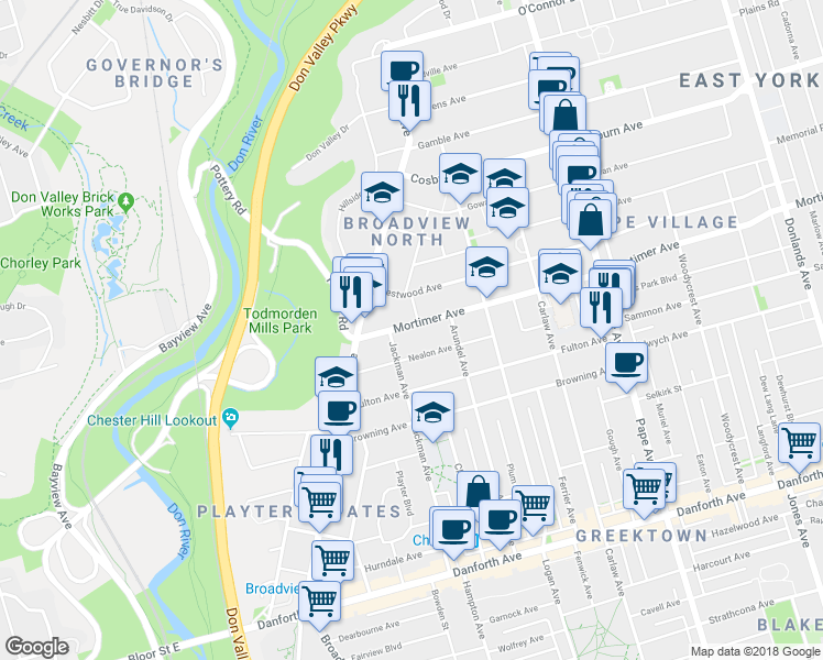 map of restaurants, bars, coffee shops, grocery stores, and more near 33 Mortimer Avenue in Toronto