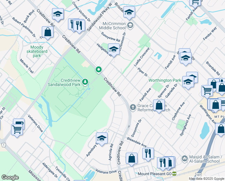 map of restaurants, bars, coffee shops, grocery stores, and more near 140 Aylesbury Drive in Brampton