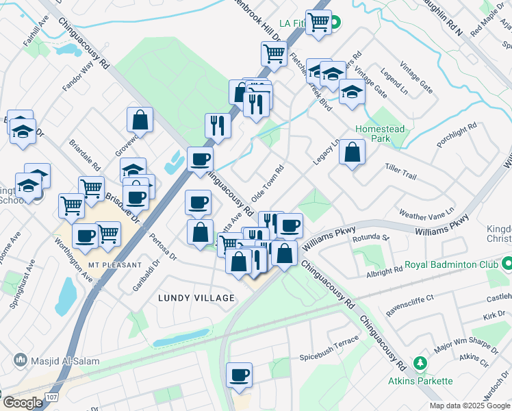 map of restaurants, bars, coffee shops, grocery stores, and more near 96 Olde Town Road in Brampton